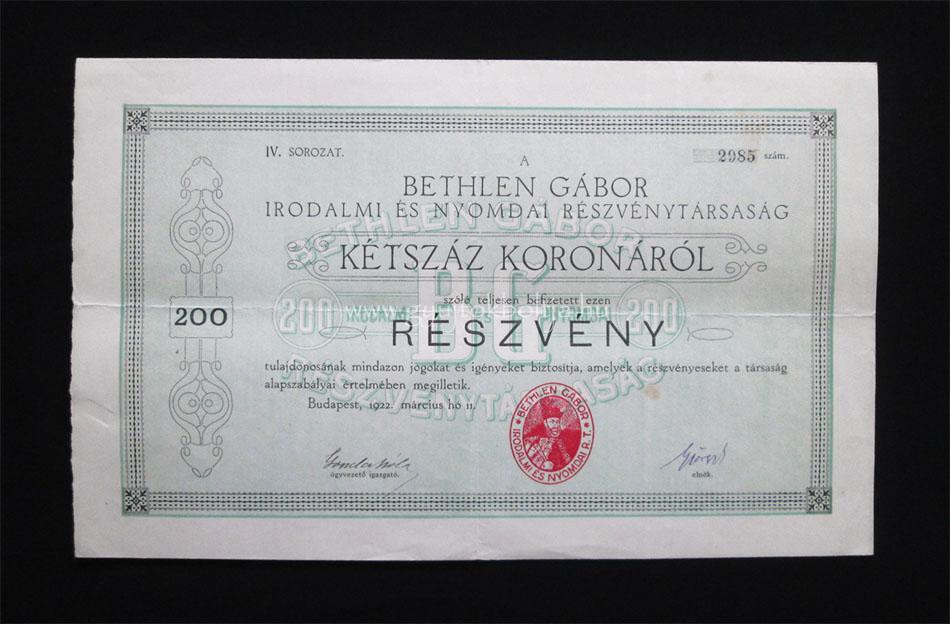 Bethlen Gábor Irodalmi és Nyomda részvény 200 korona 1922